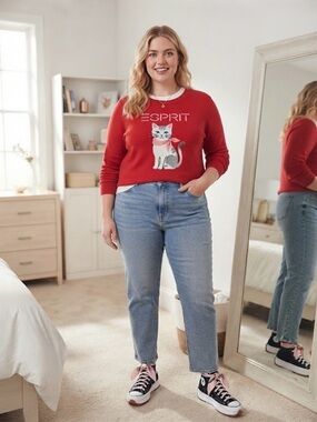 Esprit Red Cat Sweater with Playful Cat Graphic